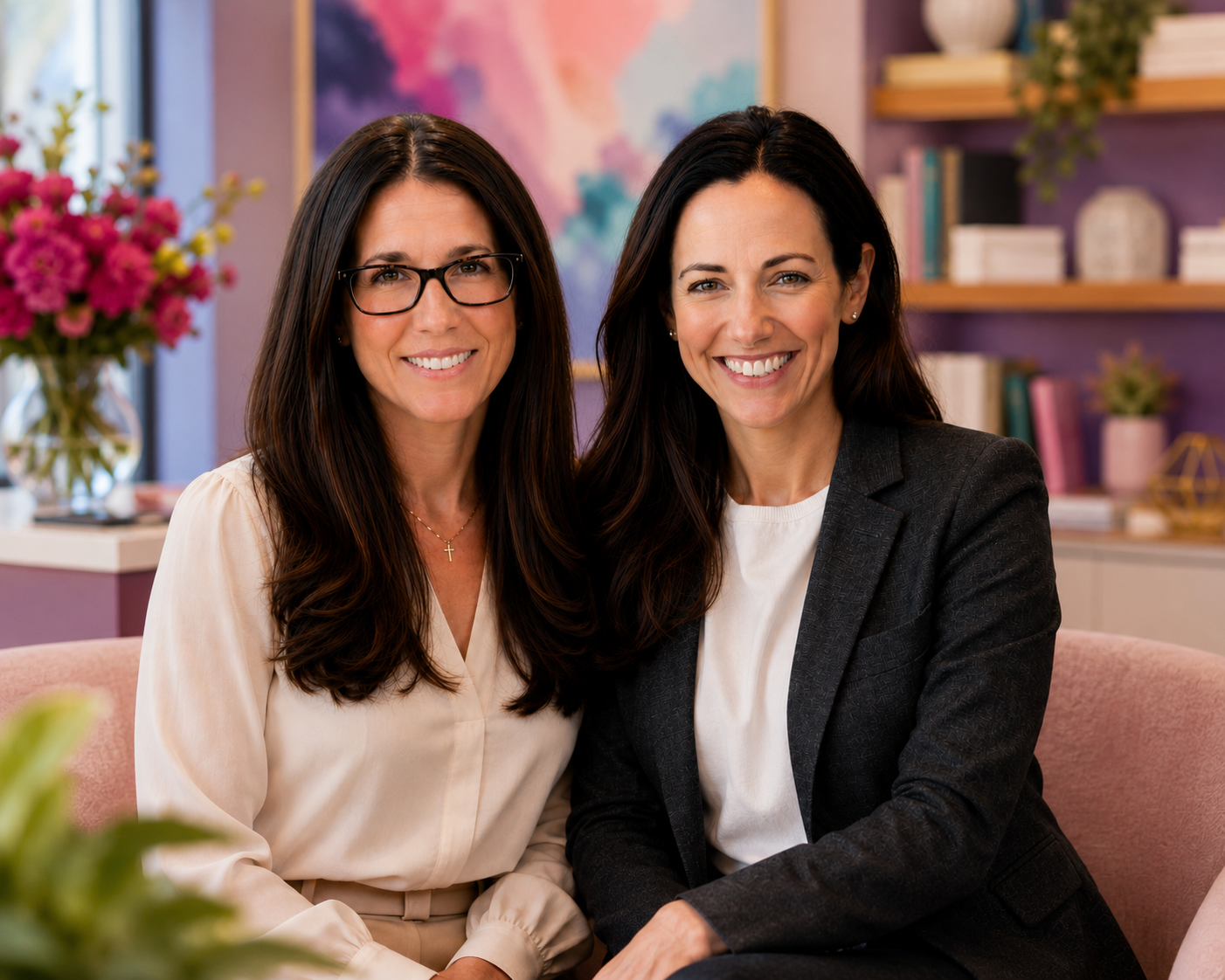 Two women clinicians smiling together on a blush sofa in a warm, colorful office — boutique women's health care at Sorelle Health in Charlotte, NC