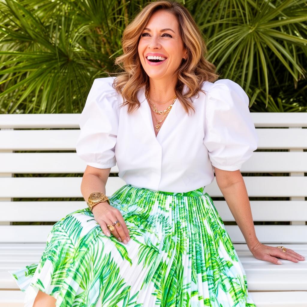Joyful woman in a white puff-sleeve blouse and tropical palm-print skirt, representing women across life stages thriving in personalized boutique care